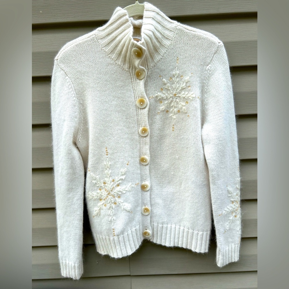 Talbots Petite M vintage lambs wool cashmere blend snowflake cardigan sweater